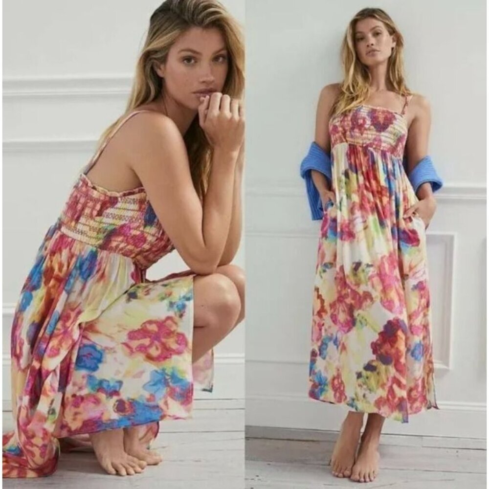Anthropologie Zinnia Midi Dress Floral‎ Colorful XS Smocked Chiffon Sleeveless